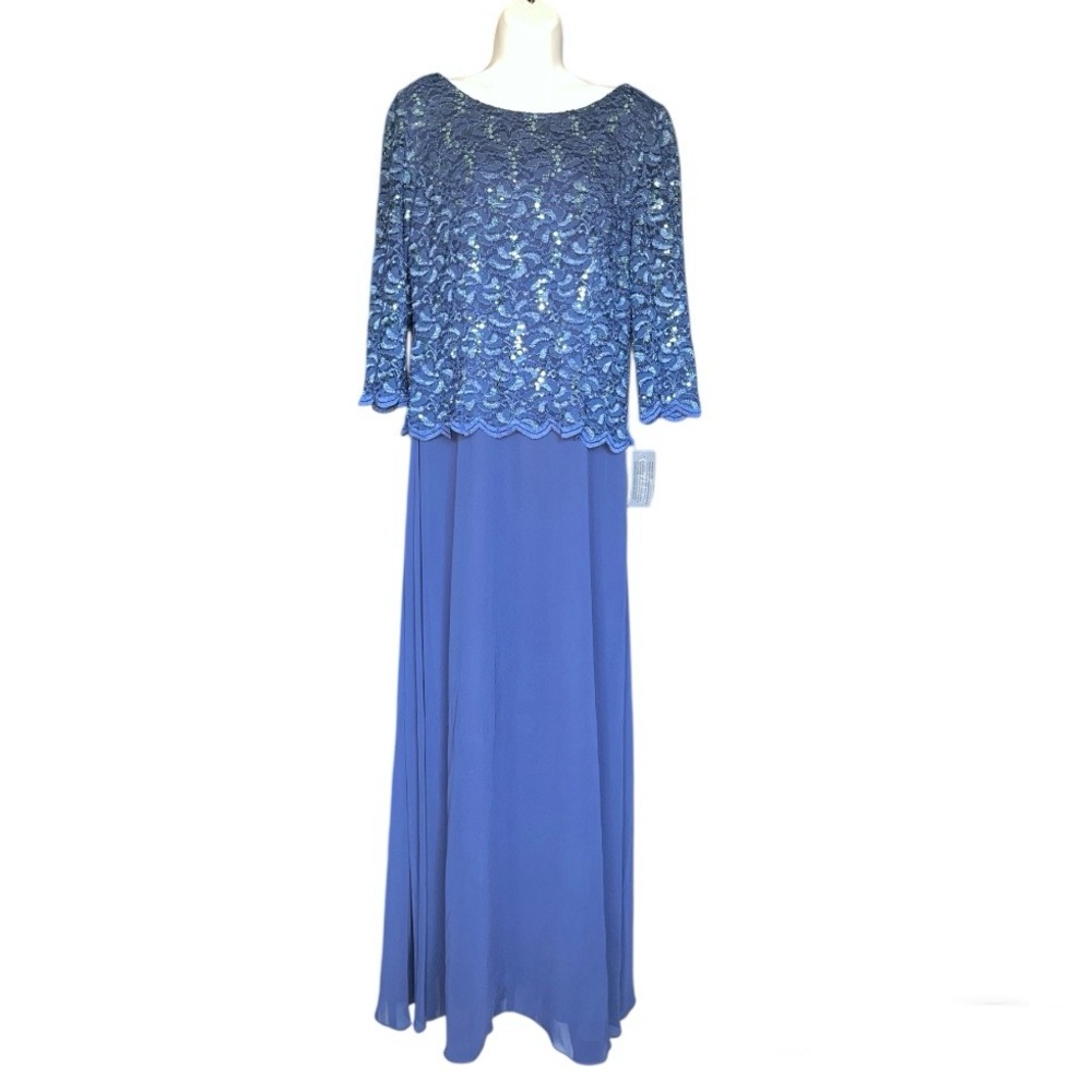 Alex Evenings Lace & Chiffon Gown | Blue 2-Piece Look | Size 14